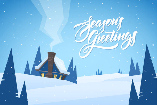 Vector illustration: Cartoon Winter christmas landscape with house and handwritten lettering of Season's Greetings - Vector, Image