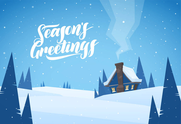 Vector illustration: Cartoon Winter christmas landscape with cabin and handwritten lettering of Season's Greetings - Vector, Image