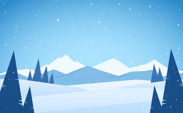 Απεικόνιση διανύσματος: χειμερινό χιονισμένο βουνό με πεύκα, λόφους και κορυφές - Διάνυσμα, εικόνα