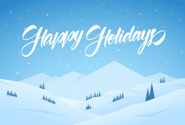 Vector illustration. Blue mountains winter snowy landscape with handwritten lettering of Happy Holidays. - Вектор,изображение