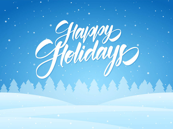 Vector illustration: Handwritten elegant brush type lettering of Happy Holidays on blue winter Christmas background - Vettoriali, immagini