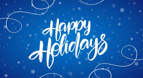 Hand drawn brush lettering composition of Happy Holidays on blue snowflakes background - Vector, Image