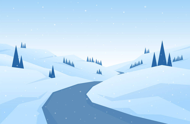 Winter snowy flat cartoon mountains landscape with road, hills and pines. Christmas background. - Vector, Image