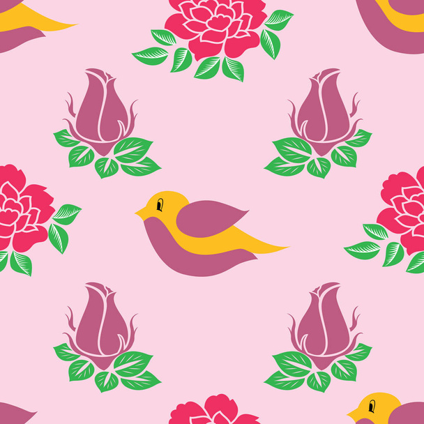 Vector paarse schattige vogel met roze en paarse rozen - Vector, afbeelding
