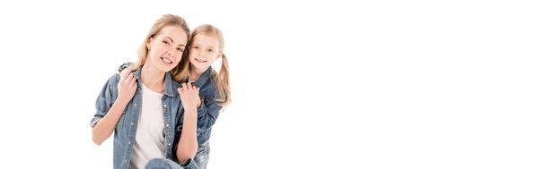 panoramic shot of happy mother and daughter smiling isolated on white - Foto, immagini
