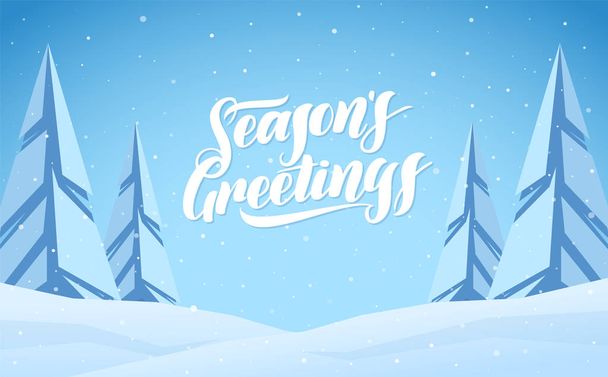 Winter snowy flat landscape with hand lettering of Season's Greetings. Merry Christmas and Happy New Year. - Vector, Image