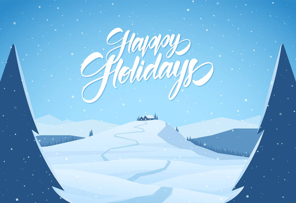 Snowy mountains christmas landscape with path to cartoon house and handwritten lettering of Happy Holidays - Вектор,изображение