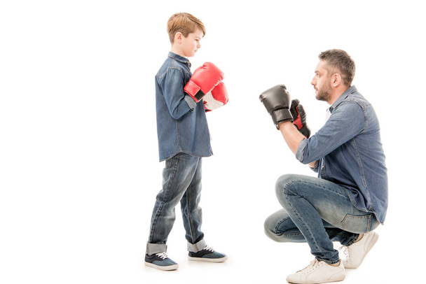 father and son in boxing gloves isolated on white - Foto, immagini