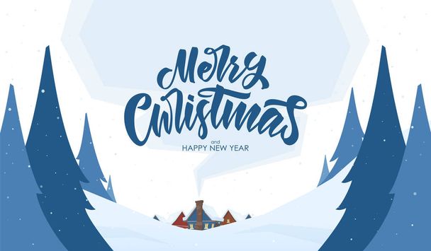 Vector greeting card. Snowy landscape background with hand lettering of Merry Christmas and cartoon houses - Vector, Image