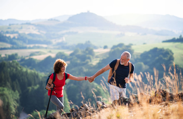 Senior tourist couple with backpacks hiking in nature, holding hands. - Foto, Imagem