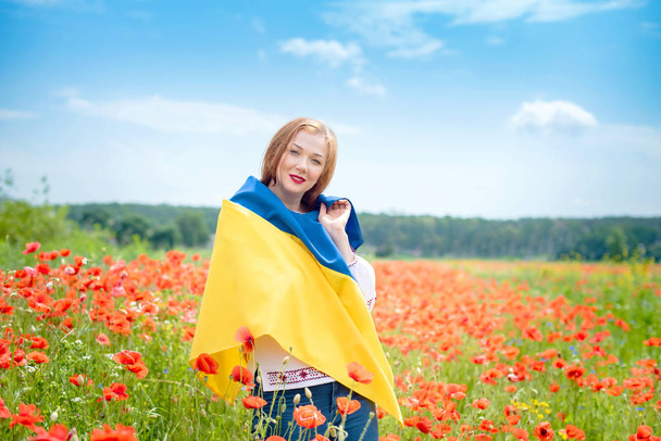 Mädchen trägt die blau-gelbe Fahne der Ukraine auf dem Feld. Tag der ukrainischen Unabhängigkeitsflagge. Verfassungstag. Frau in traditioneller Stickerei mit Fahne der Ukraine. 24. August. Patriotischer Feiertag. - Foto, Bild