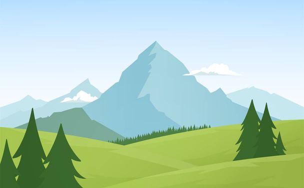 前景に松と夏の平らなアルプス山脈の風景 - ベクター画像