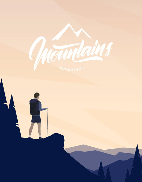 Cartoon flat landscape with character hiker on foreground and handwritten lettering of Mountains. - Vector, Image