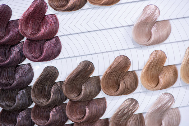 Tableau des couleurs des cheveux. Palette d'échantillons de cheveux teints brillants. Catalogue pour
 - Photo, image