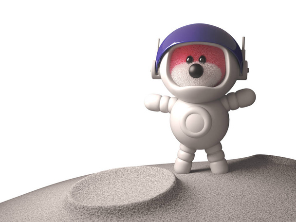 3Dかわいいピンクのふわふわのテディベアは、彼の宇宙飛行士の宇宙服、3Dイラストで月を探検 - 写真・画像