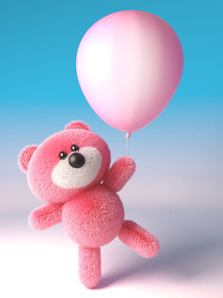 3D αρκουδάκι με μαλακή ροζ χνουδωτή γούνα παίζοντας με ένα ροζ μπαλόνι κόμμα, 3D εικονογράφηση - Φωτογραφία, εικόνα