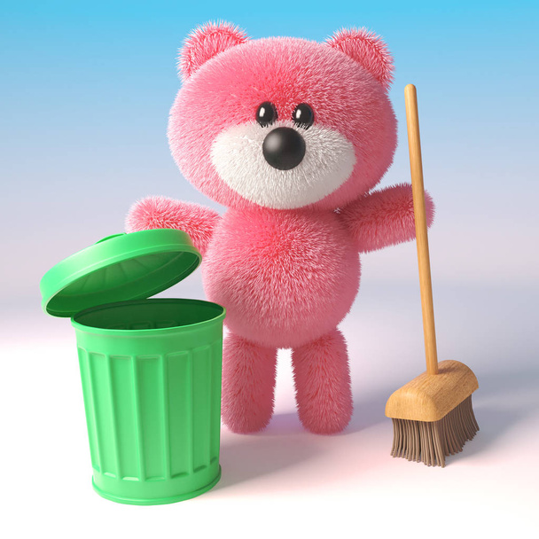 Mignon 3d rose pelucheux ours en peluche nettoyage de caractère avec un balai et une corbeille verte, illustration 3d
 - Photo, image