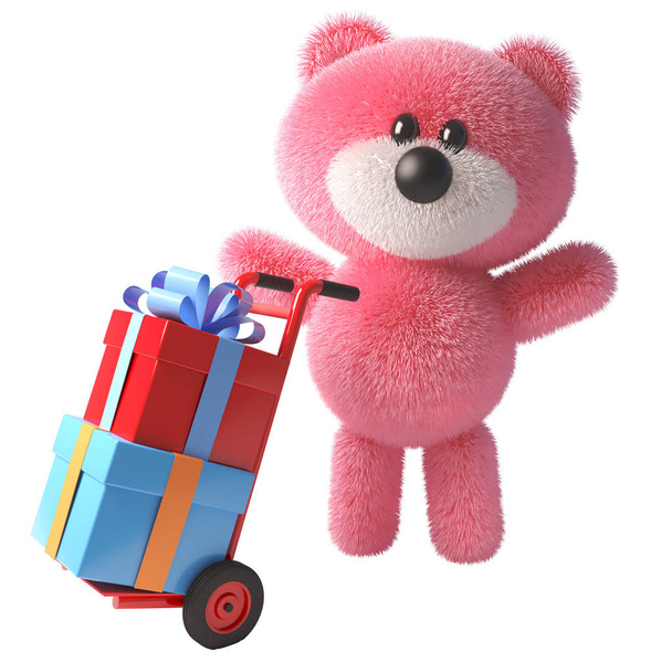 3D-Cartoon-Teddybär-Figur mit rosa Fell liefert Geschenke in Geschenkpapier auf einem Handwagen, 3d-Illustration - Foto, Bild