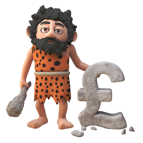 personagem caveman pré-histórico 3d esculpiu um símbolo de moeda esterlina libras do Reino Unido da rocha, ilustração 3d
 - Foto, Imagem