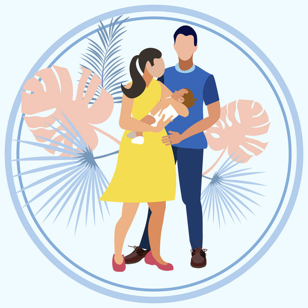 Discharging from maternity hospital. Young parents are holding a baby in their arms. In minimalist style. Cartoon flat vector - Vector, Image