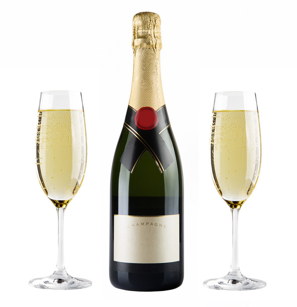 Champagne bottle and champagne glass - Фото, изображение