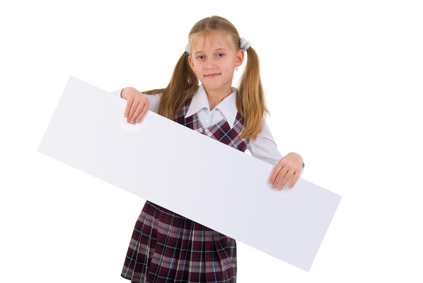 Шкільна дівчина з банером презентації
. - Фото, зображення