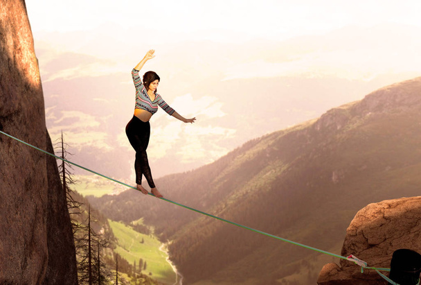 Mulher atraente Slacklining destaque nas montanhas
 - Foto, Imagem