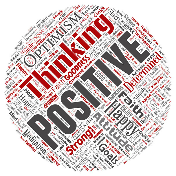 Conceptual pensamiento positivo, feliz fuerte actitud círculo redondo nube palabra roja aislado en el fondo. Collage de optimismo sonrisa, fe, metas valientes, bondad o inspiración de felicidad
 - Foto, imagen