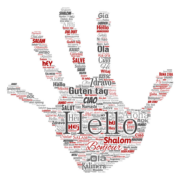 Concept or conceptual hand print stamp hello or greeting international tourism word cloud in different languages or multilingual. Collage of world, foreign, worldwide travel translate, vacation - Photo, Image