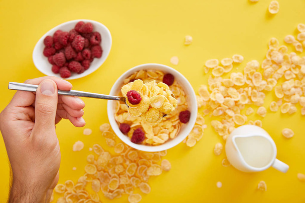 vista ritagliata dell'uomo tenendo cucchiaio sopra ciotola con cornflakes, lampone fresco e brocca di latte isolato su giallo
 - Foto, immagini