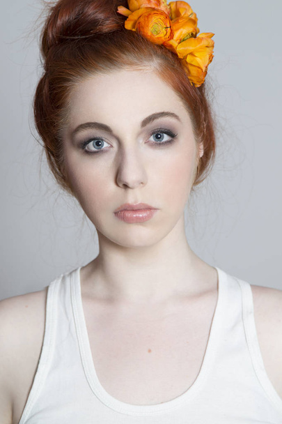Portrait of sensual girl with flowers on her head - Zdjęcie, obraz