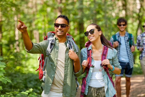 skupina přátel s batohy turistika v lese - Fotografie, Obrázek