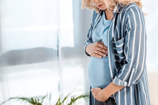 Vista cortada da mulher grávida tocando barriga em casa  - Foto, Imagem