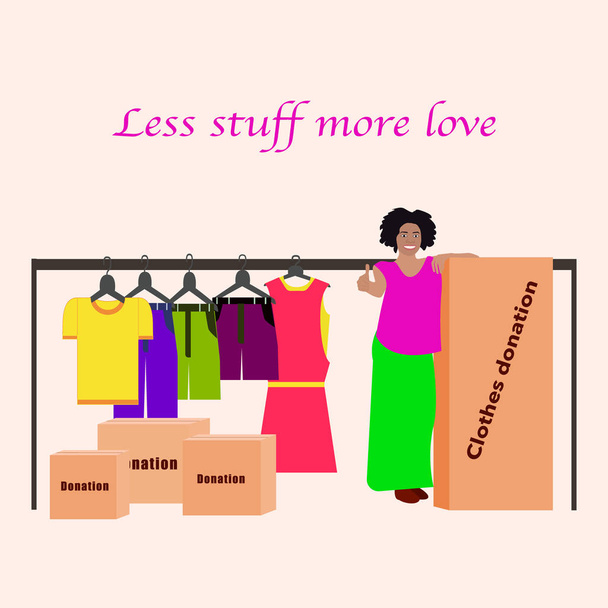 Black woman near boxes with donated clothes - Vector, Image