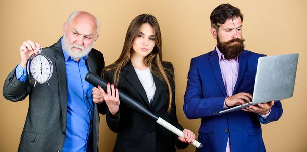 Aggressive business. Business lady and boss. Time demands decisive actions. Expert team. Men bearded manager show financial report laptop. Business strategy. Woman and guy colleague working together - Photo, Image