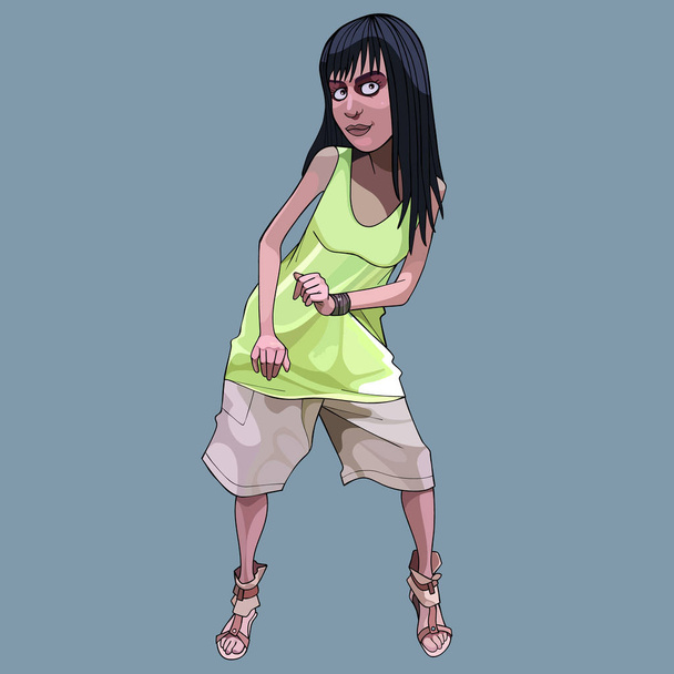 cartoon dancing teenager girl in big shorts and a t-shirt - Vector, Image