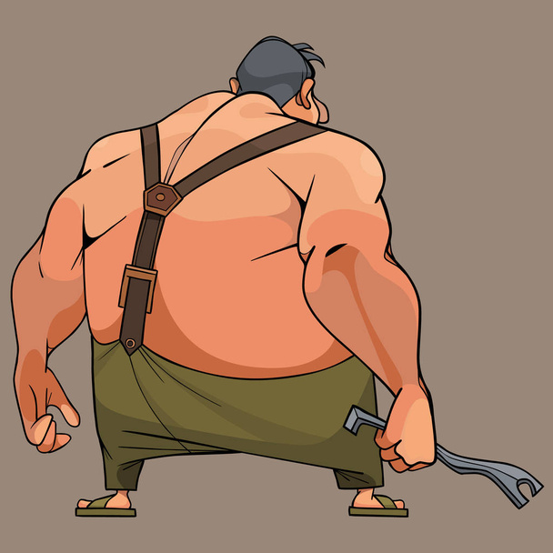 cartoon hefty guy with a bent piece of iron in his hand - Wektor, obraz