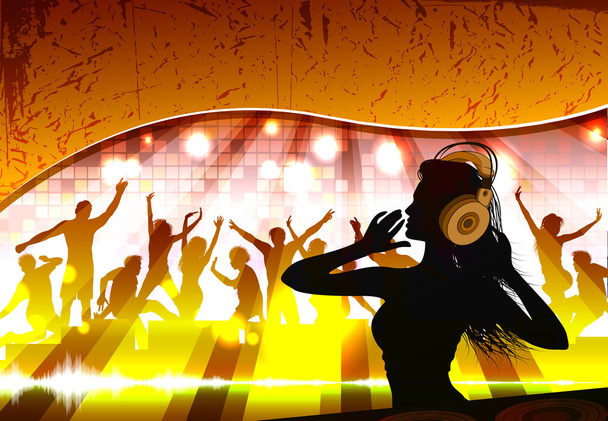 Silhouette of a female dj in front of a crowd - Vector, Image
