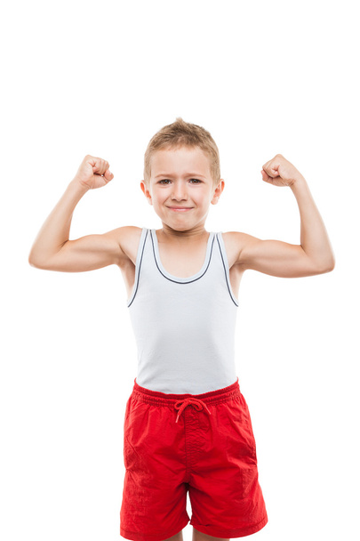 Smiling sport child boy showing hand biceps muscles strength - Foto, Imagem