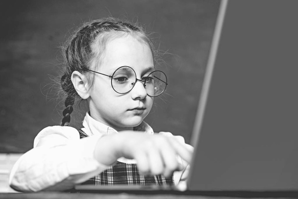 Back to school and home schooling. Little Student pupil with laptop. Portrair close up. Child near chalkboard in school classroom. - Φωτογραφία, εικόνα