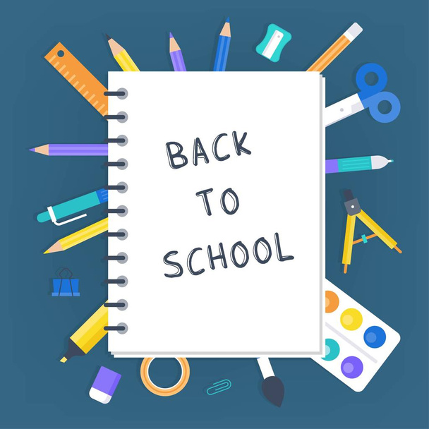Επιστροφή στο σχολείο, σημειωματάριο με σχολικά εφόδια διάνυσμα - Διάνυσμα, εικόνα