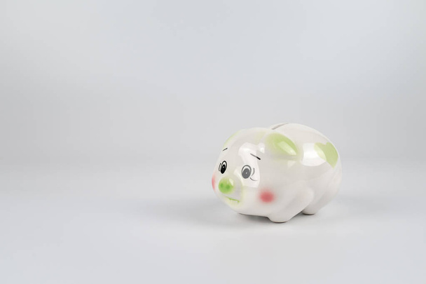 Sad White green and pink piggy back in front of white background - Photo, Image