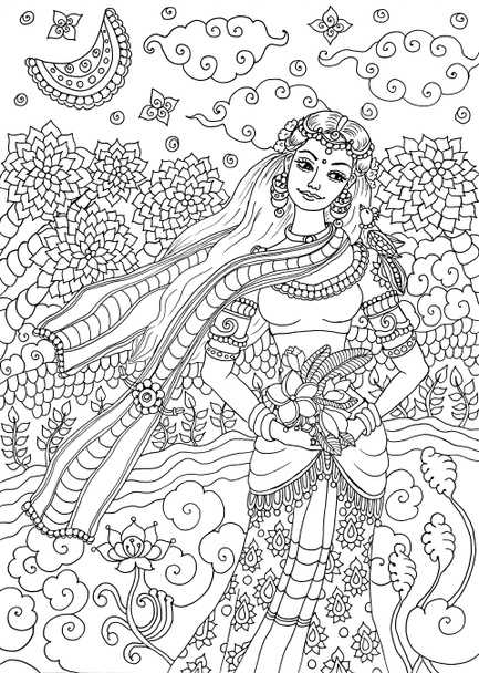 Kerala mural estilo menina, mulher, deusa, adulto colorir esboço da página do livro. Livro para colorir Índia, mulher indiana
. - Foto, Imagem