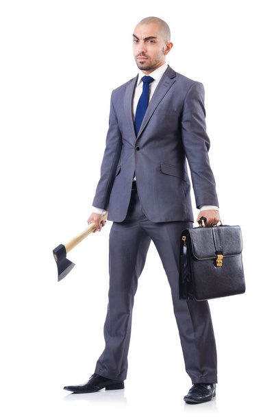 Funny businessman with axe on white - Foto, Bild