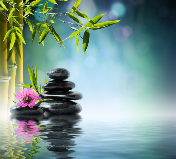 Wieża czarny kamień i hibiskusa z bambusa na wodzie - Zdjęcie, obraz