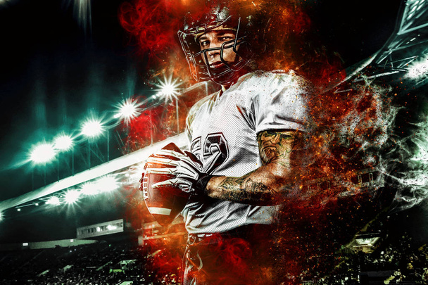 American football player in helmet, on the stadium field with ball in the hand. Fire background. Team sports. Sport wallpaper. - Foto, immagini