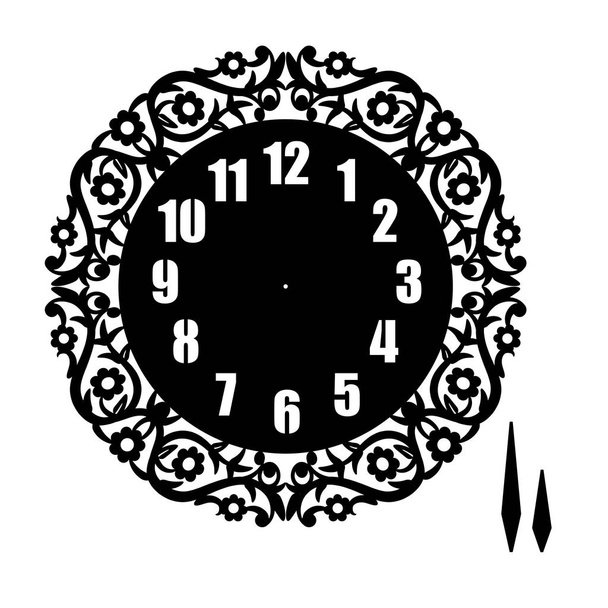 Simple clock face with arabic numerals. Vector template for laser cutting. Cut out silhouette of dial. illustration Isolated on white background. Floral theme for scrapbooking, invitation, decoration. - Vector, Image