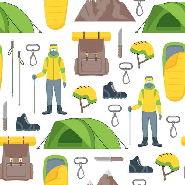 Cartoon Color Climbing Hiking Seamless Pattern Background. Vector - ベクター画像