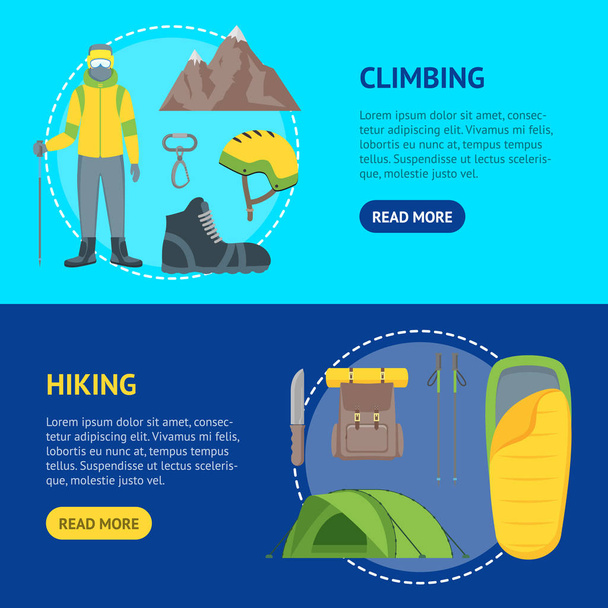 Cartoon Color Climbing Hiking Banner Horizontal Set. Vector - Vektör, Görsel