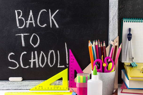Back to School Text. School Stationary and Blackboard. - Photo, Image